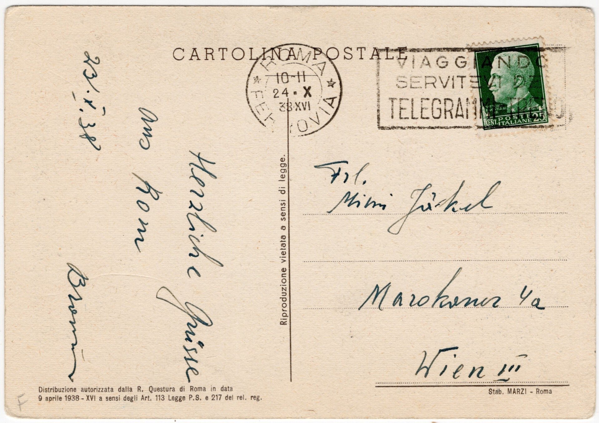 Original WW2 Iralian Postcard - Hitler, Mussolini, ''Pace Civilta Lavoro'' (1938) — image 2