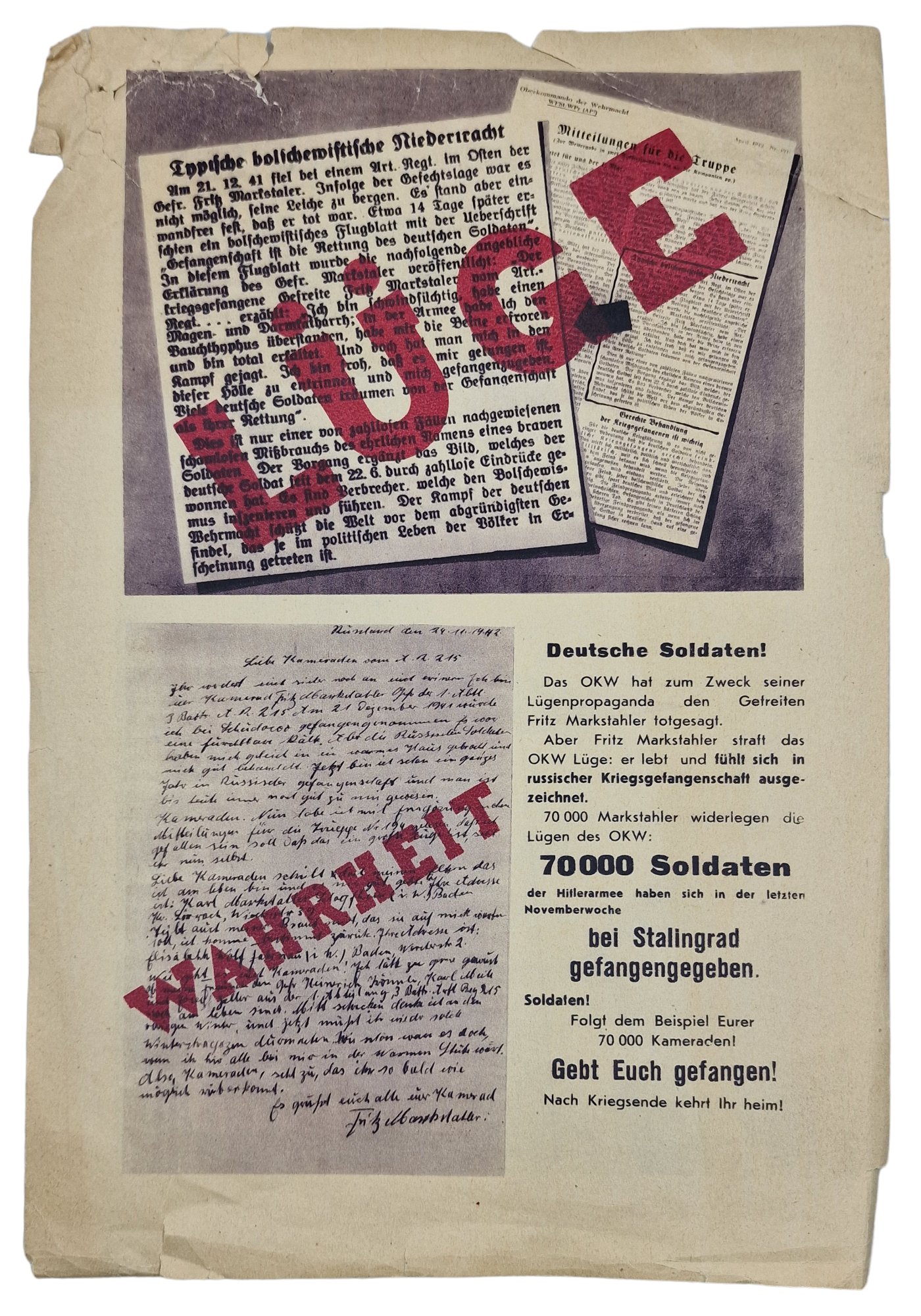 Original WW2 Russian Leaflet - Noch eine Lüge des OKW entlarvt, Fritz Markstahler lebt! (1942) — image 2