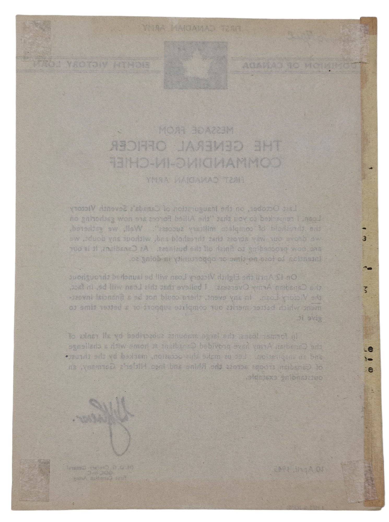 Original WW2 Canadian Document - First Canadian army message about the military success, April (1945) — image 2