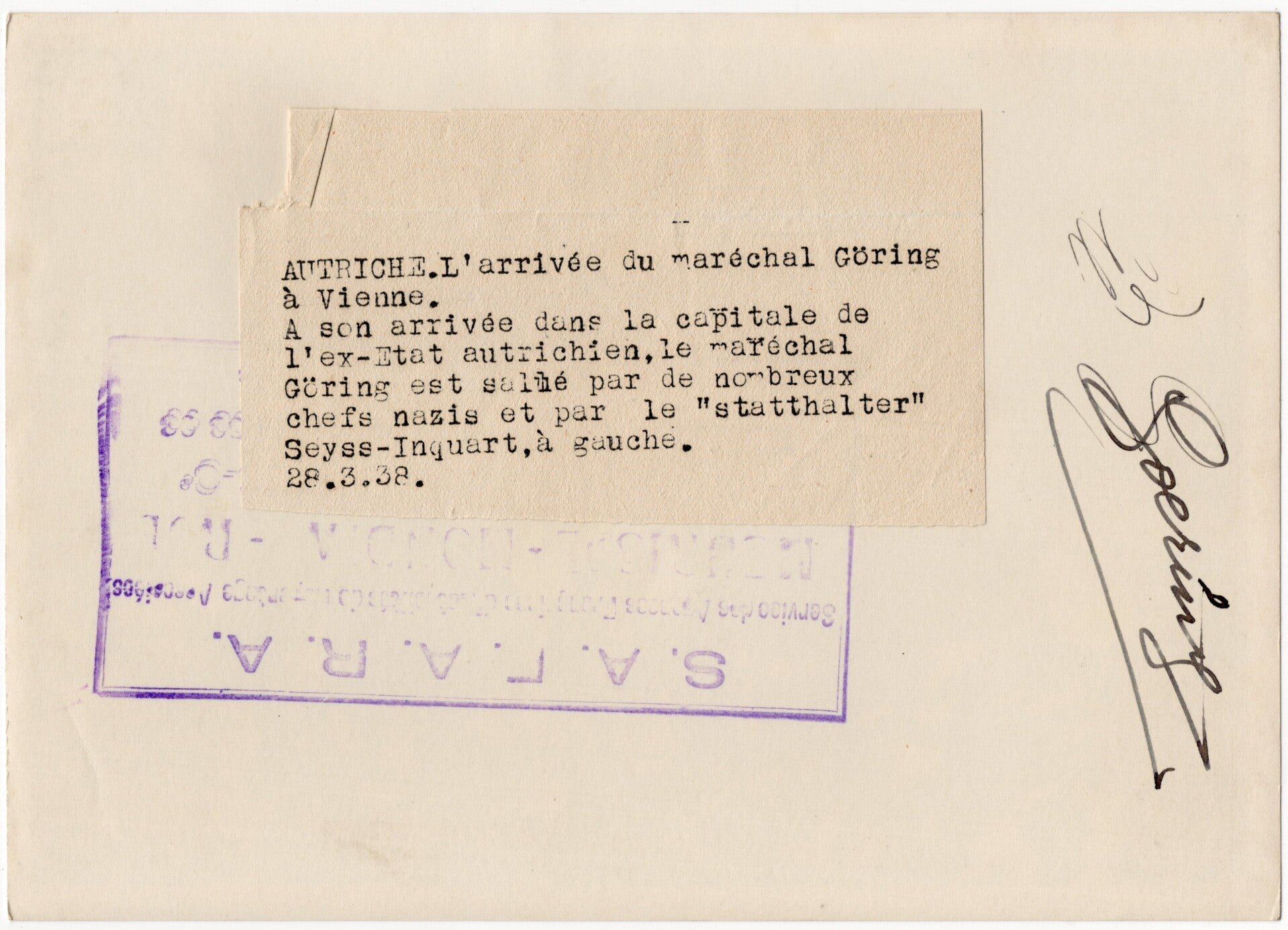 Original WW2 French Press Photo - Luftwaffe Reichsmarschall Hermann Göring with a Field Marshal Baton + Blutorden Einzelspange, Seyss Inquart in Vienna (1938) — image 2