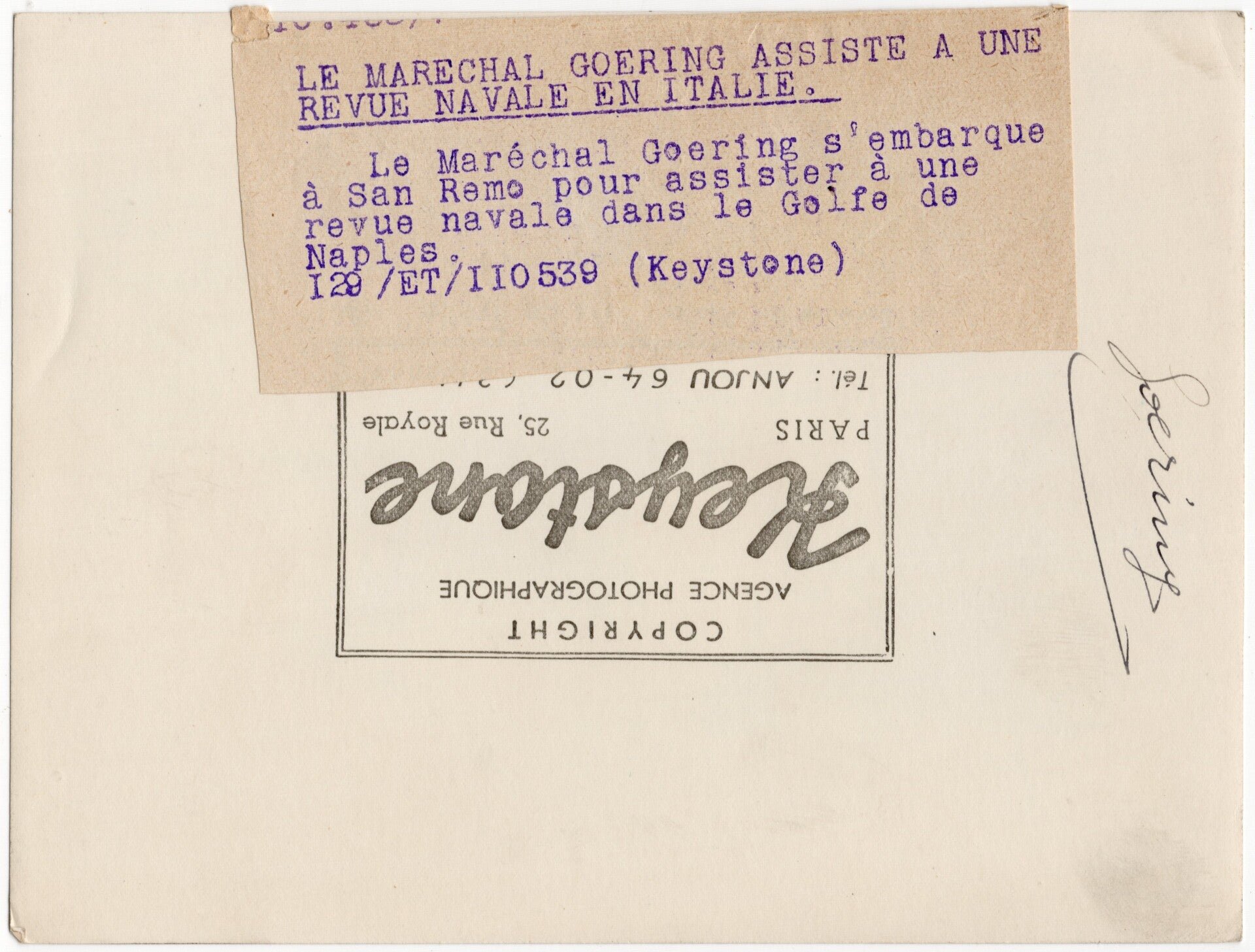 Original WW2 French Press Photo - Luftwaffe Reichsmarschall Hermann Göring with Field Marshal Interim Baton, Napels, Italy — image 2