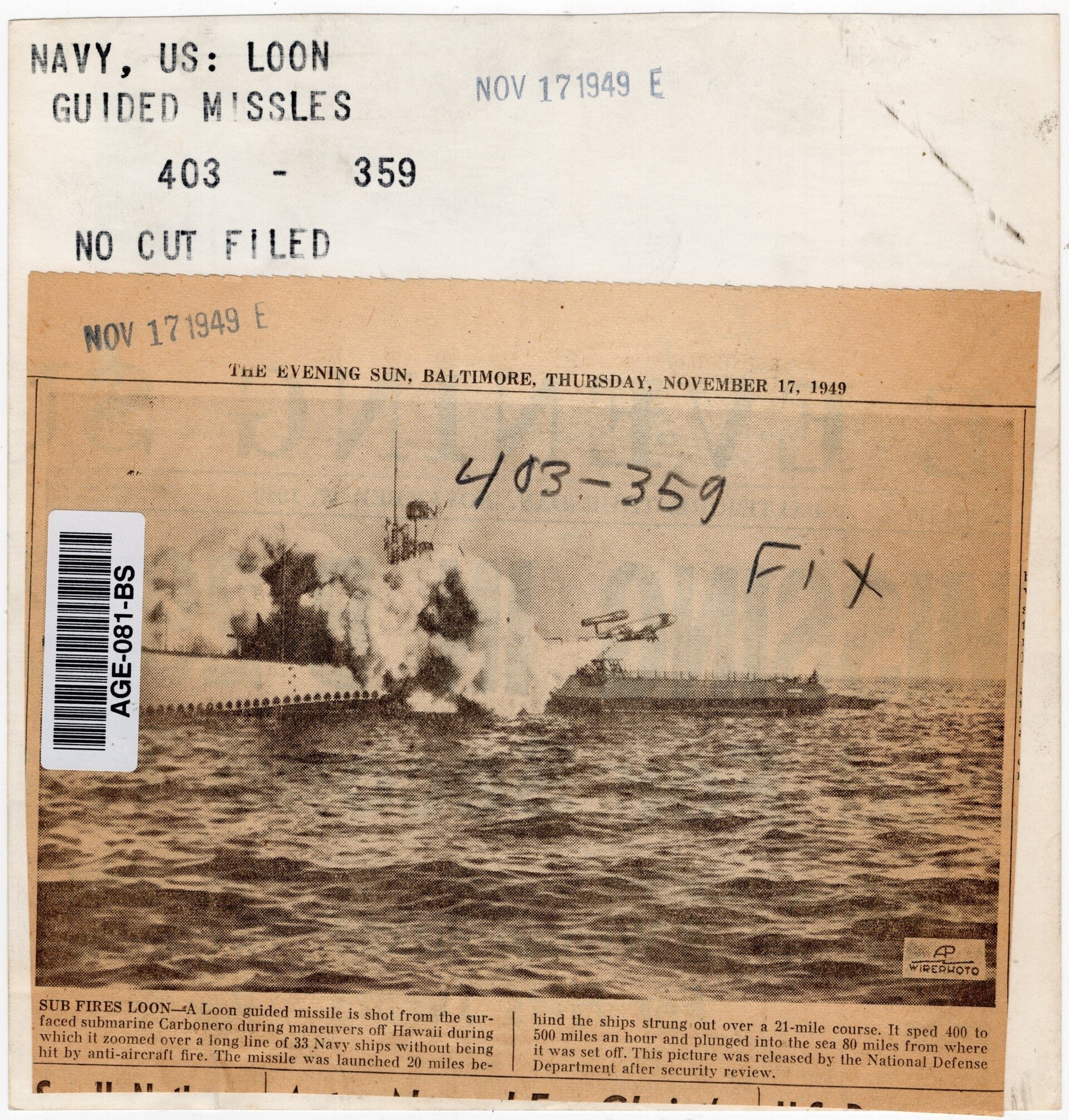 Original WW2 US Press Photo - US-made V1 V-weapon shot from the submarine Canbonero, Hawaii (1949) — image 2