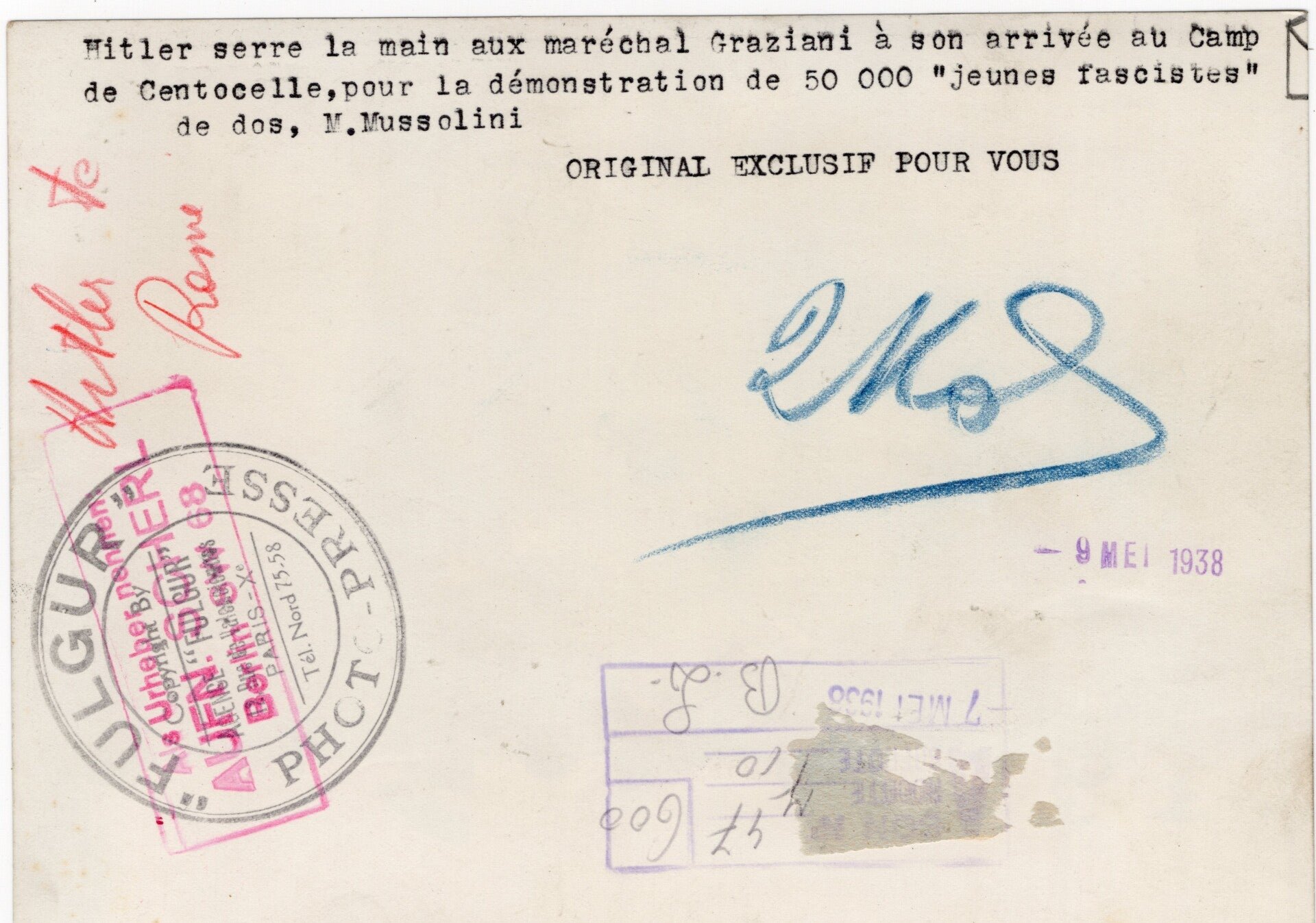 Original WW2 French Press Photo - Adolf Hitler with Benito Mussolini meeting Rodolfo Graziani (1938) — image 2