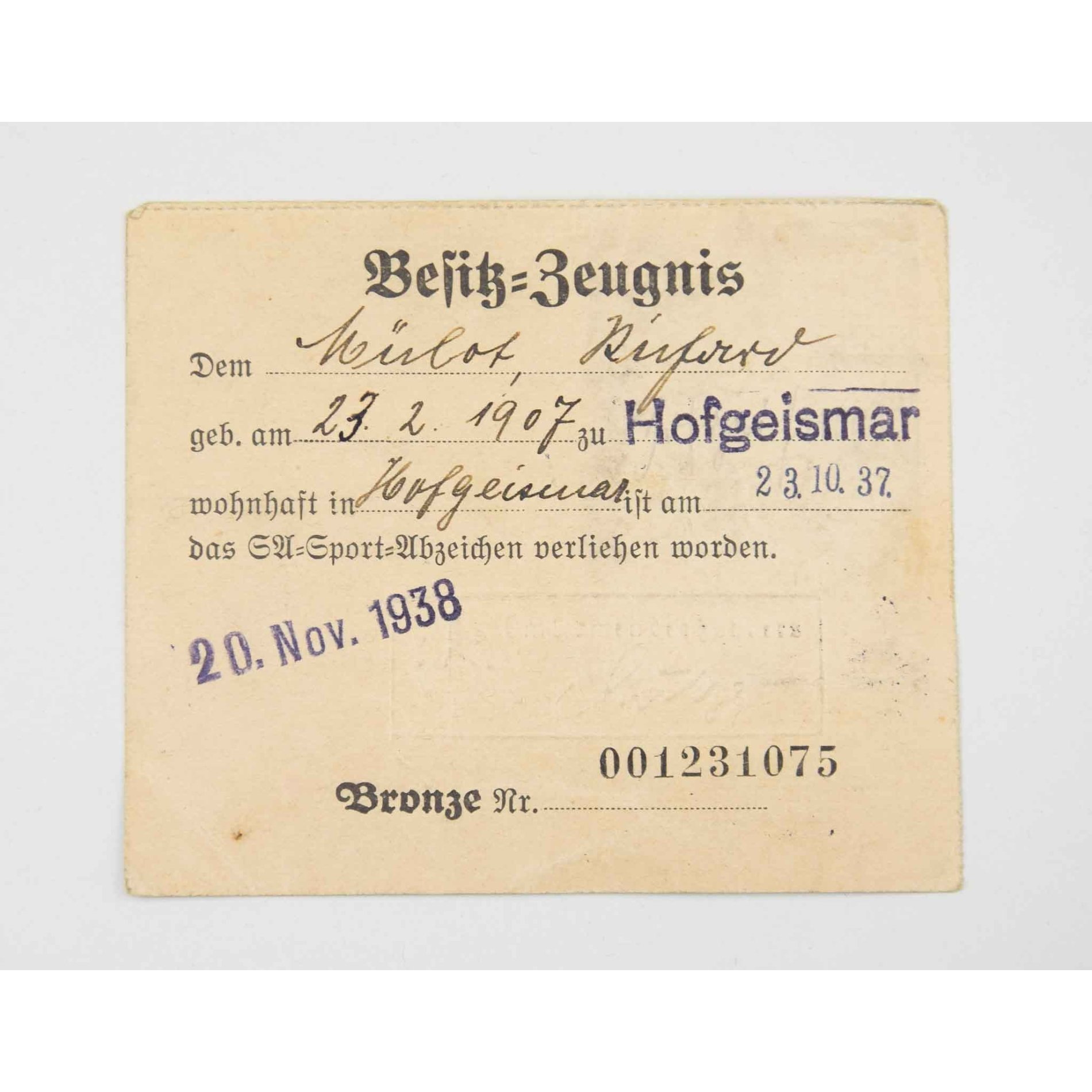 Nachlass SA-Sportabzeichen in Bronze mit Trägerfoto und Besitz-Zeugnis — image 3