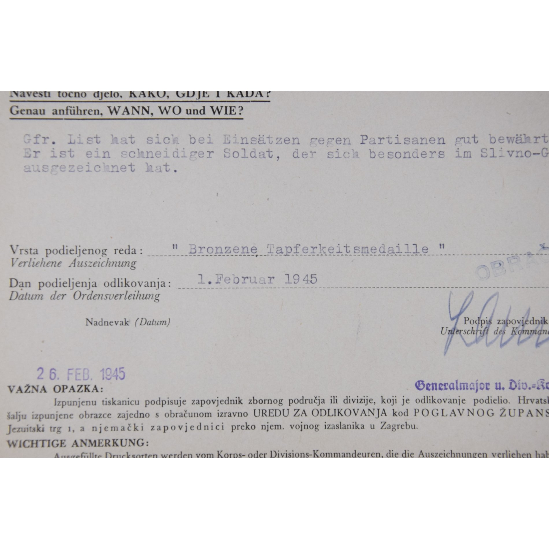 Urkunde Nachweis Verleihung der bronzenen Tapferkeitsmedaille Kampf gegen Partisanen im Slivno Gebiet — image 2
