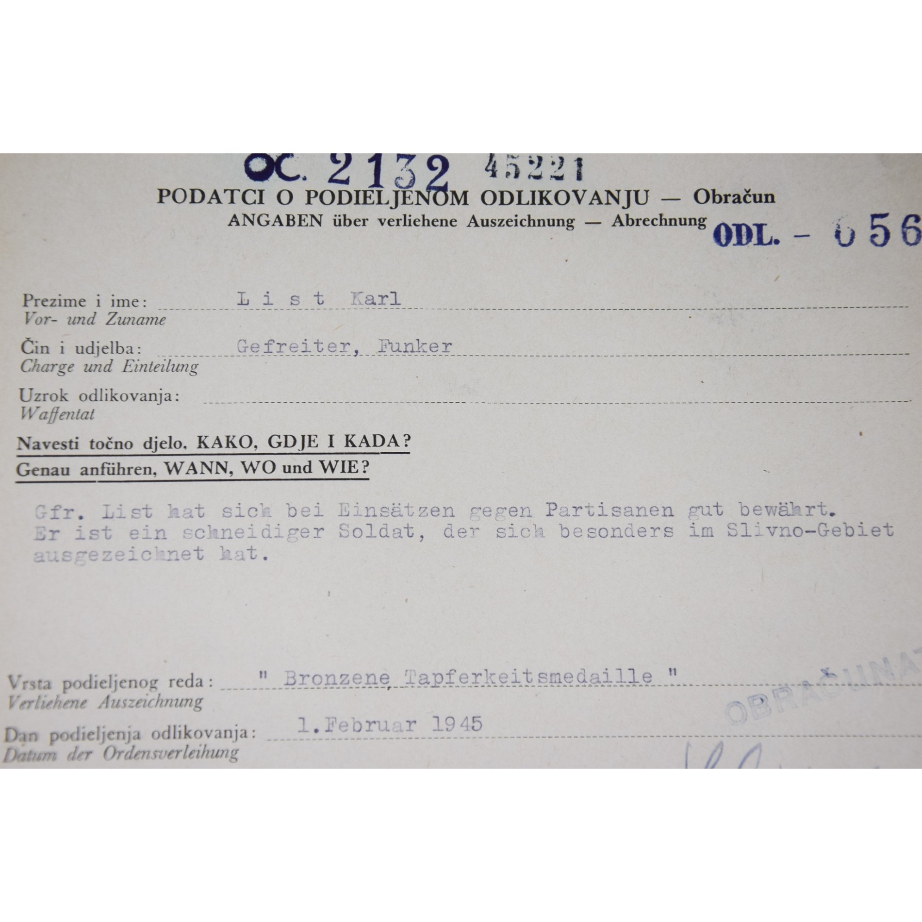 Urkunde Nachweis Verleihung der bronzenen Tapferkeitsmedaille Kampf gegen Partisanen im Slivno Gebiet — image 3