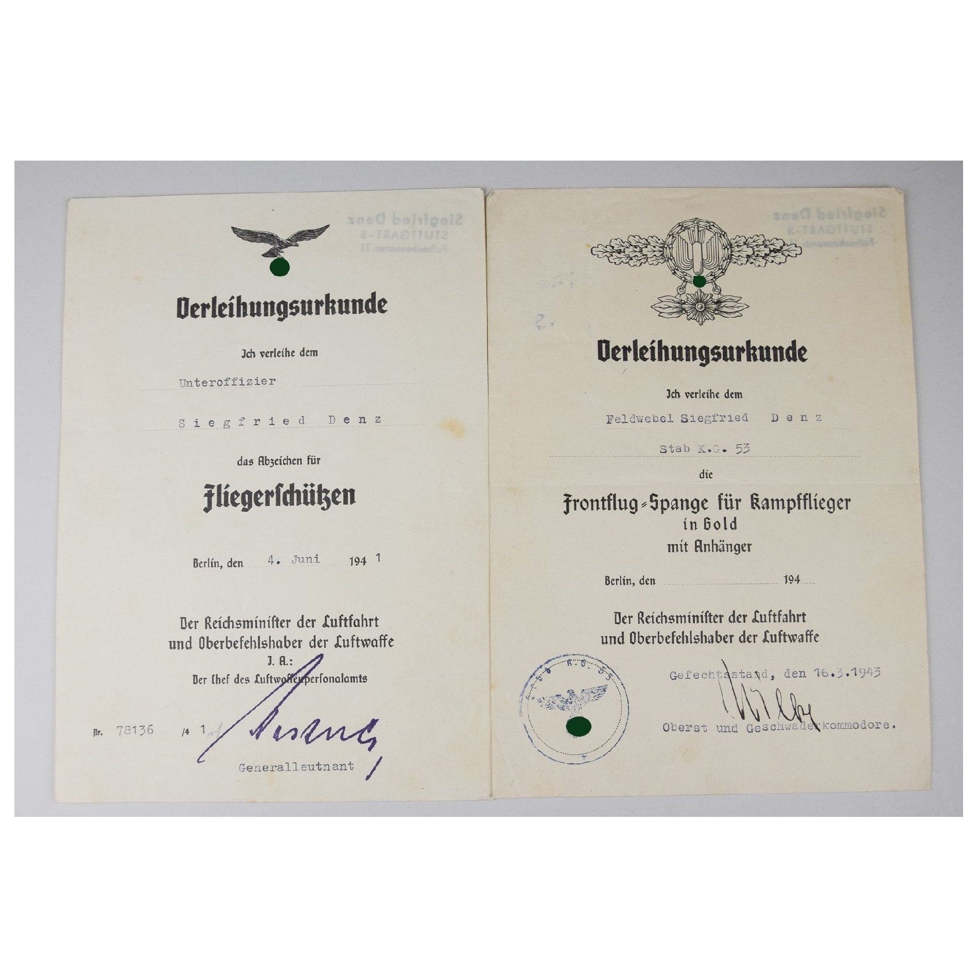Luftwaffe Urkundennachlass Unteroffizier im I./Kampfgeschwader 53 mit Anhänger Spange! Selten — image 3