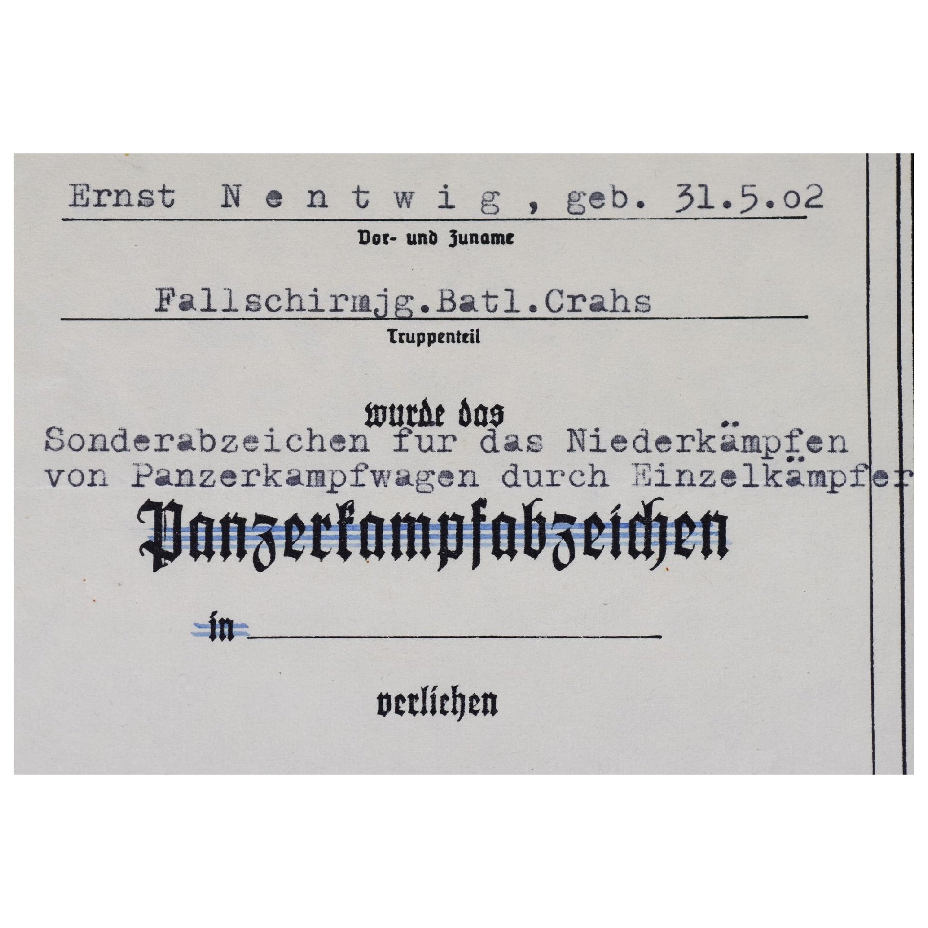 Luftwaffe Nachlass 'Fallschirmjäger Btl. Crahs' mit Verleihung vom Panzerknacker (Sonderabzeichen), extrem selten! — image 2