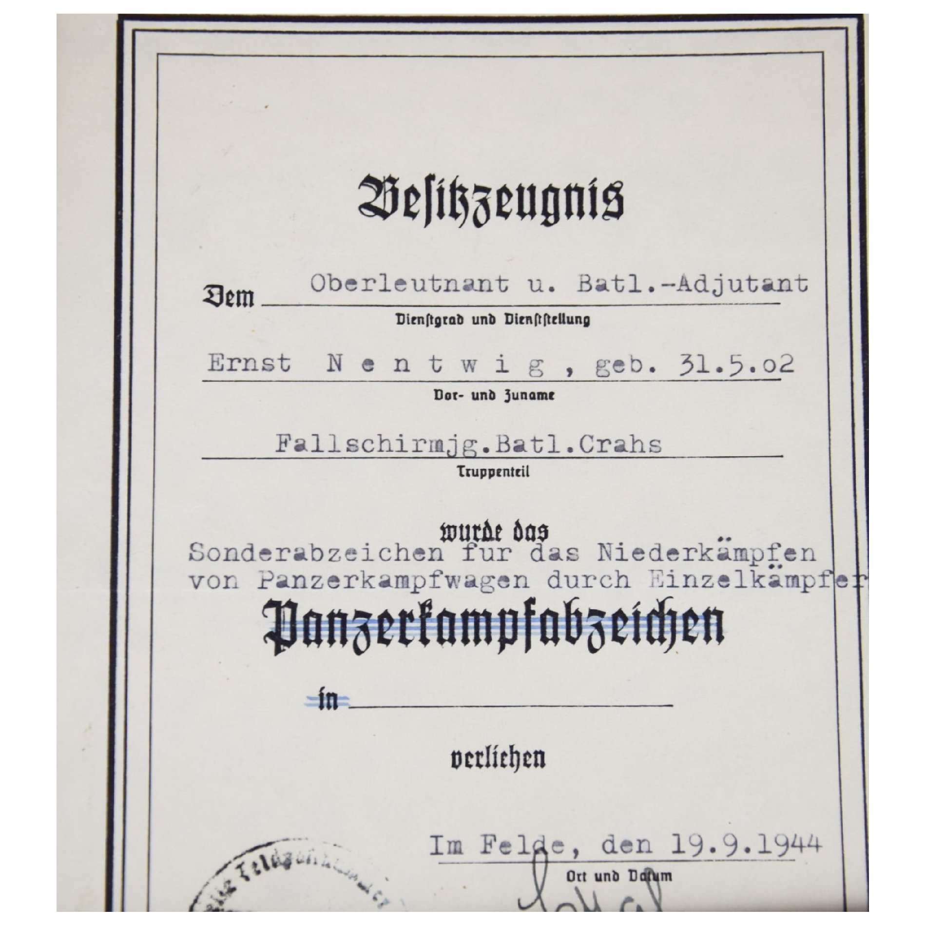 Luftwaffe Nachlass 'Fallschirmjäger Btl. Crahs' mit Verleihung vom Panzerknacker (Sonderabzeichen), extrem selten! — image 3