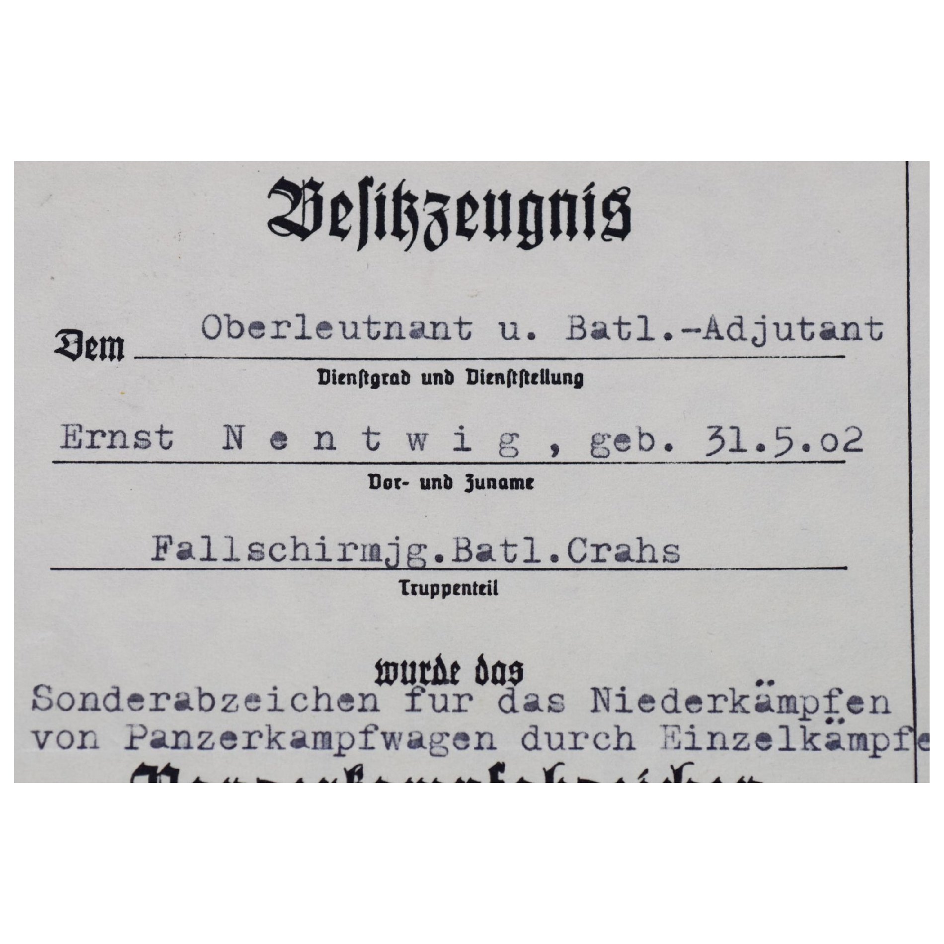 Luftwaffe Nachlass 'Fallschirmjäger Btl. Crahs' mit Verleihung vom Panzerknacker (Sonderabzeichen), extrem selten! — image 4