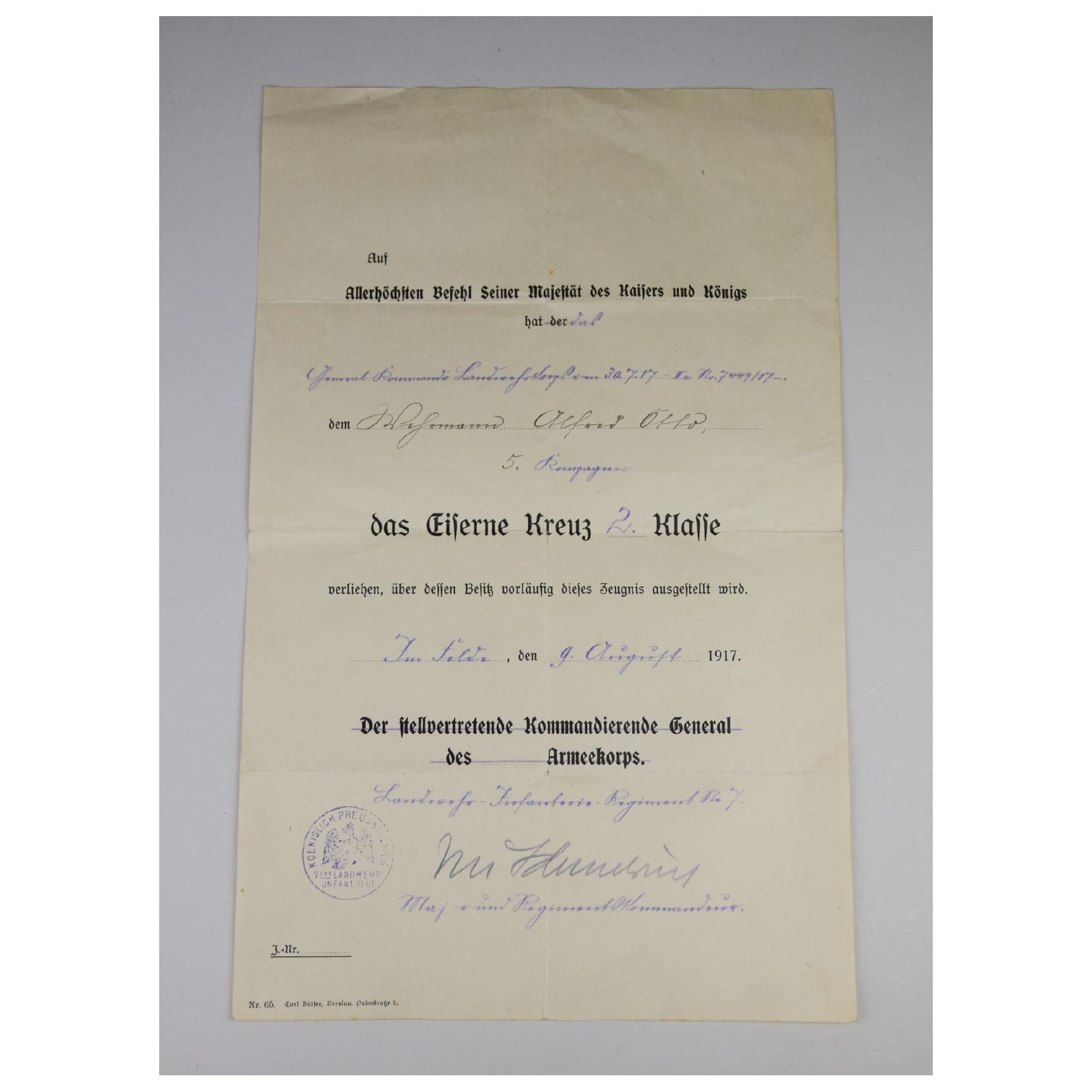 Nachlass Eiserne Kreuz 2.Klasse 1914 mit großer Urkunde — image 2