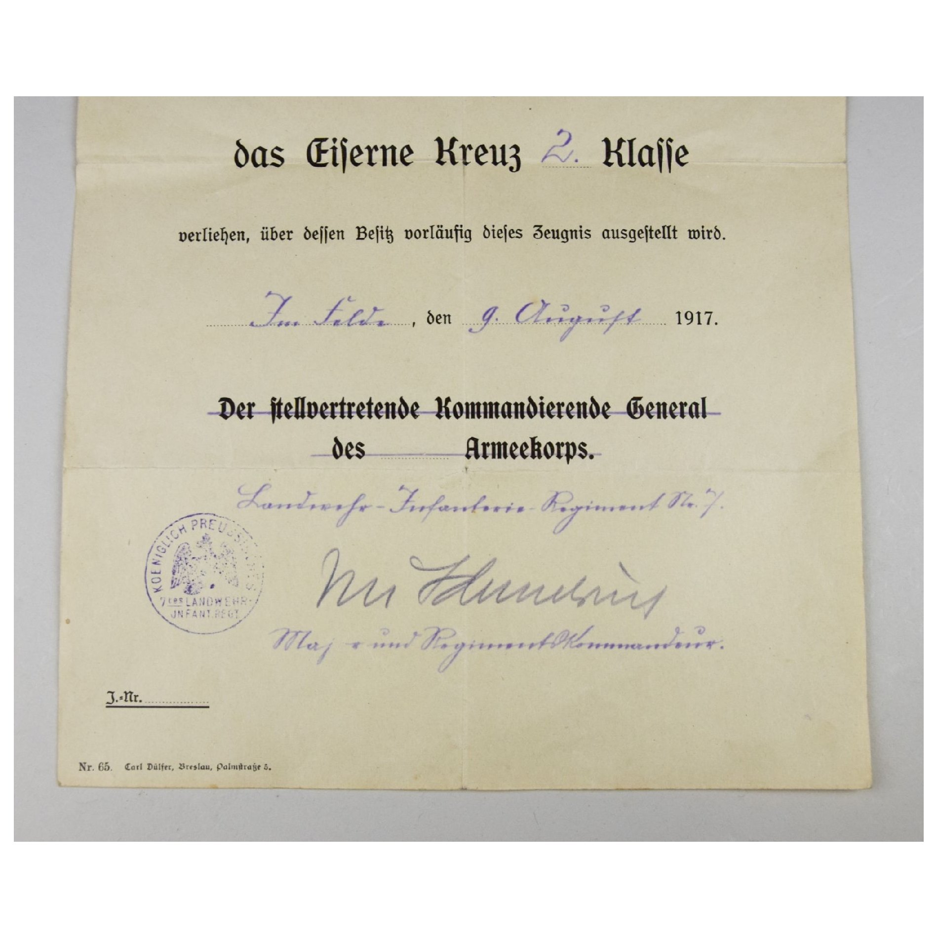 Nachlass Eiserne Kreuz 2.Klasse 1914 mit großer Urkunde — image 3