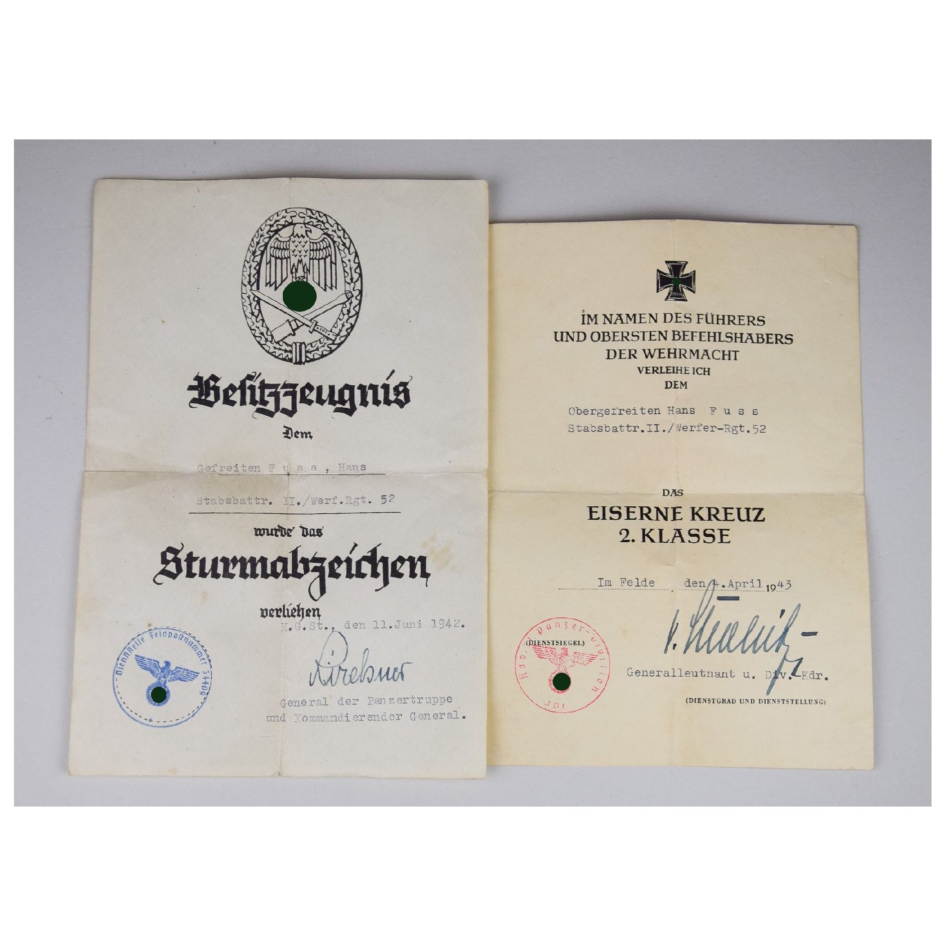 Nachlass des Unteroffiziers Hans Fuss Stabsattr.II./Werfer-Rgt.52 mit Schmuckurkunde vom ASA — image 2