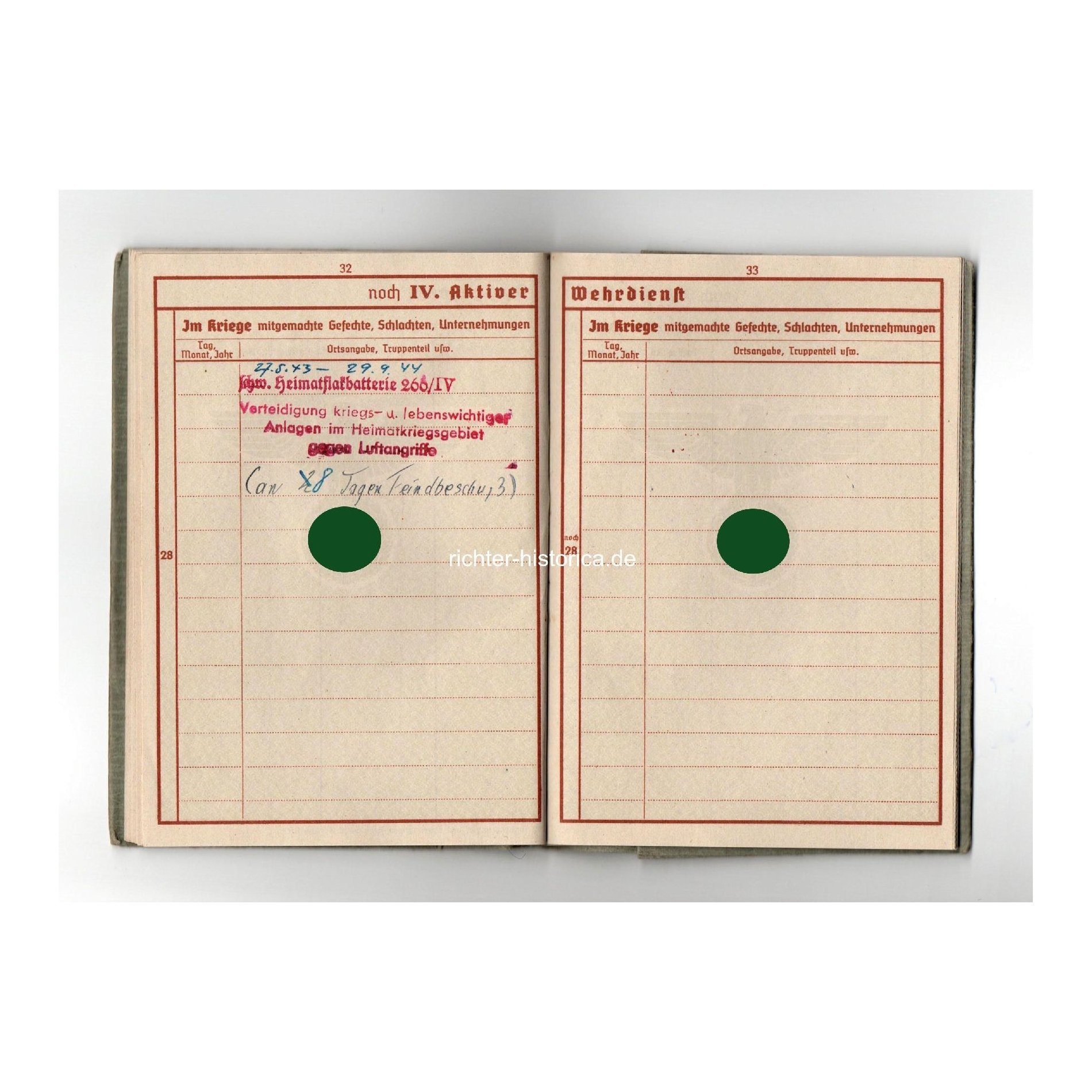 Wehrpass Dienstpflichtiger Schw. Heimatbatterie 266/IV geg. Luftangriffe — image 5