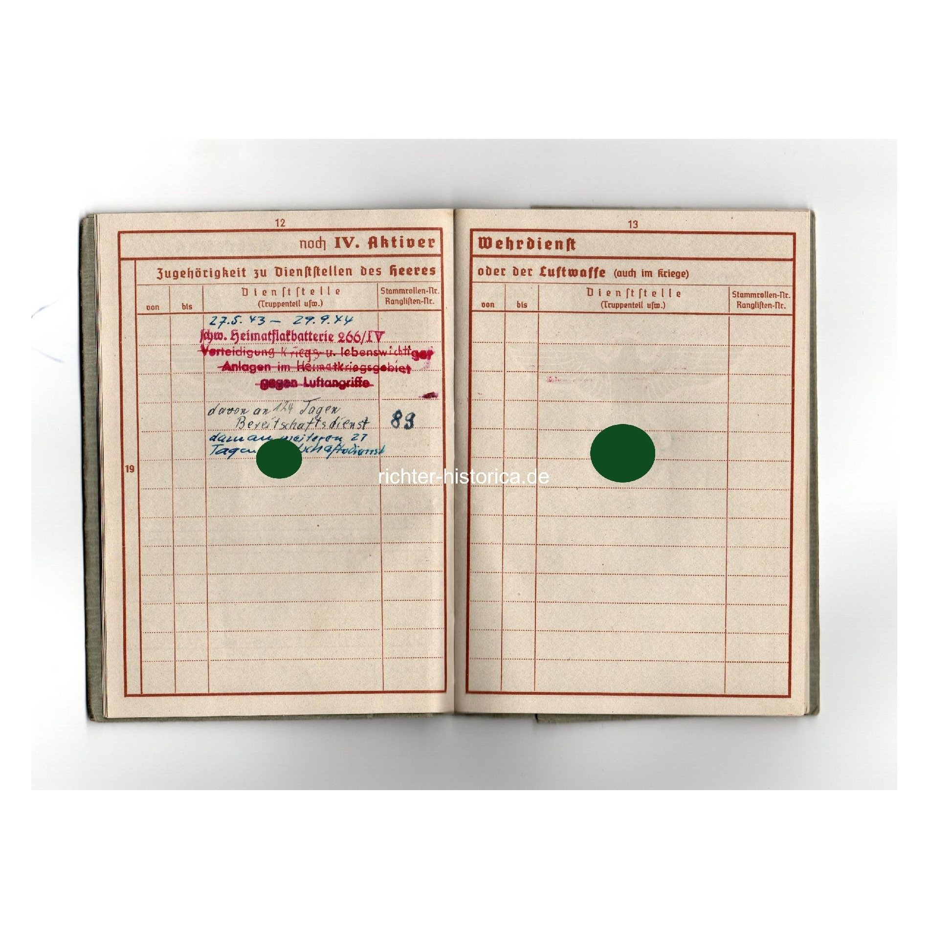 Wehrpass Dienstpflichtiger Schw. Heimatbatterie 266/IV geg. Luftangriffe — image 6