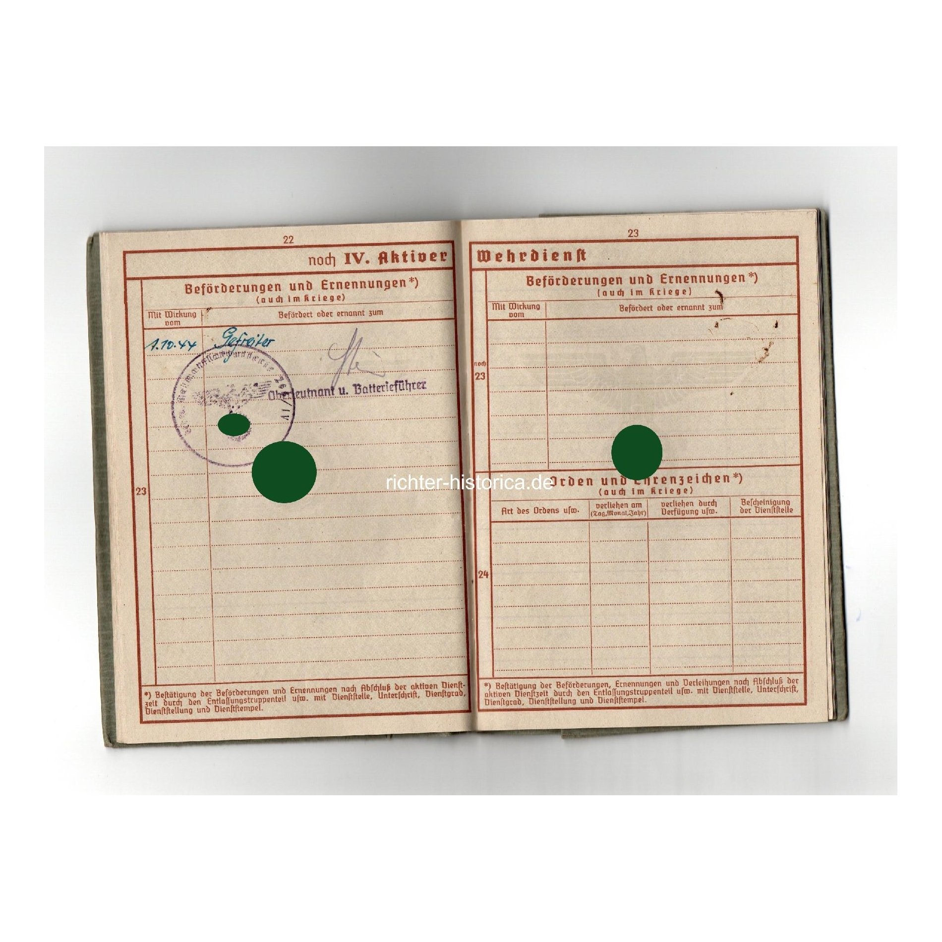 Wehrpass Dienstpflichtiger Schw. Heimatbatterie 266/IV geg. Luftangriffe — image 7