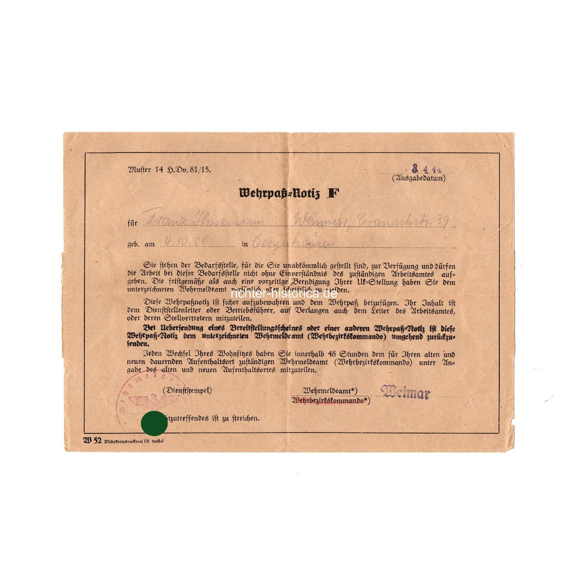 Wehrpass Dienstpflichtiger Schw. Heimatbatterie 266/IV geg. Luftangriffe — image 9