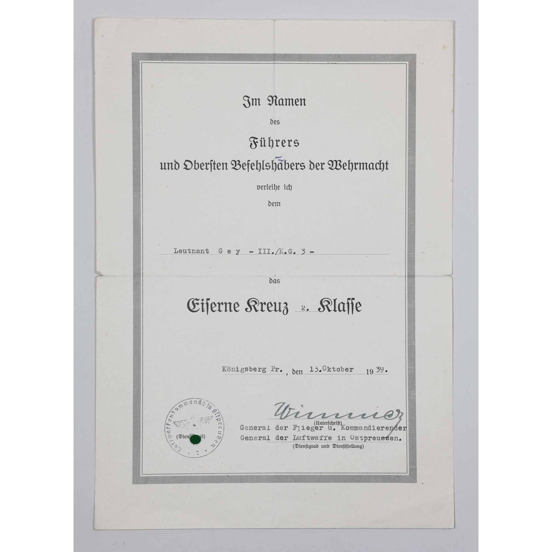 Ritterkreuzträger Nachlass der Luftwaffe Major Joachim Gey Kampfgeschwader 3 Urkundennachlass — image 14