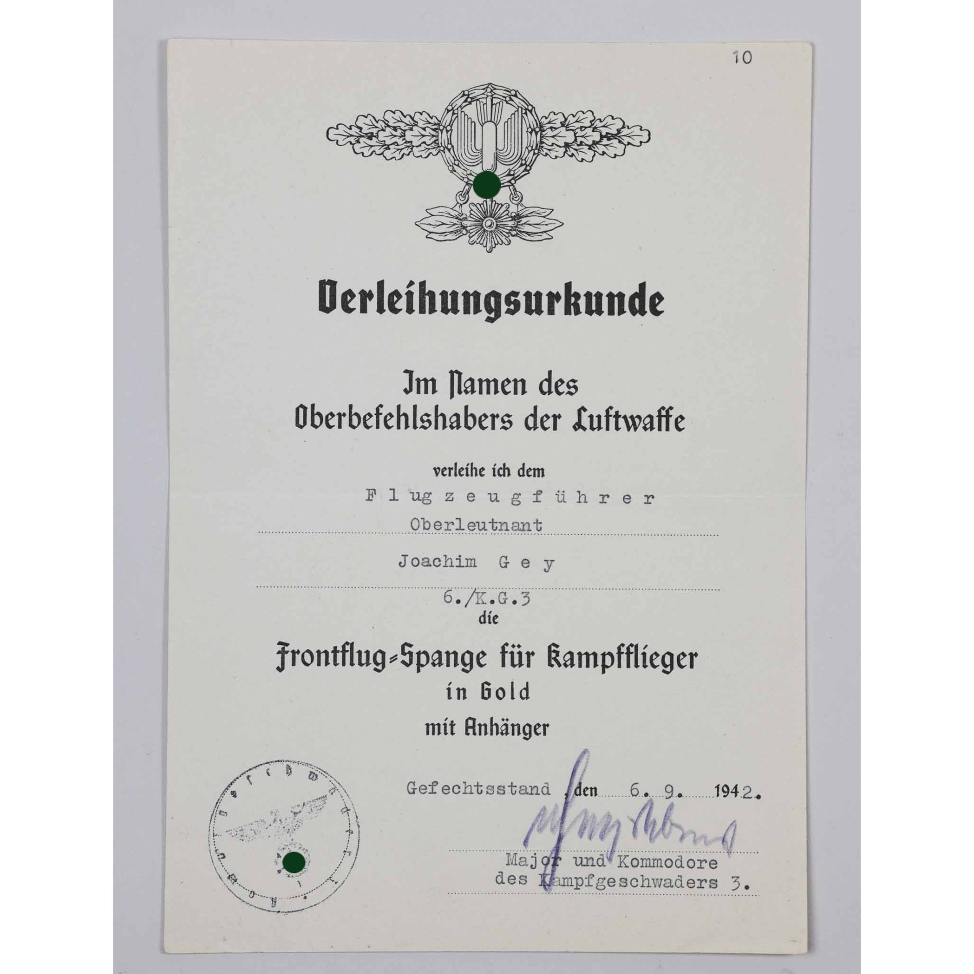 Ritterkreuzträger Nachlass der Luftwaffe Major Joachim Gey Kampfgeschwader 3 Urkundennachlass — image 16