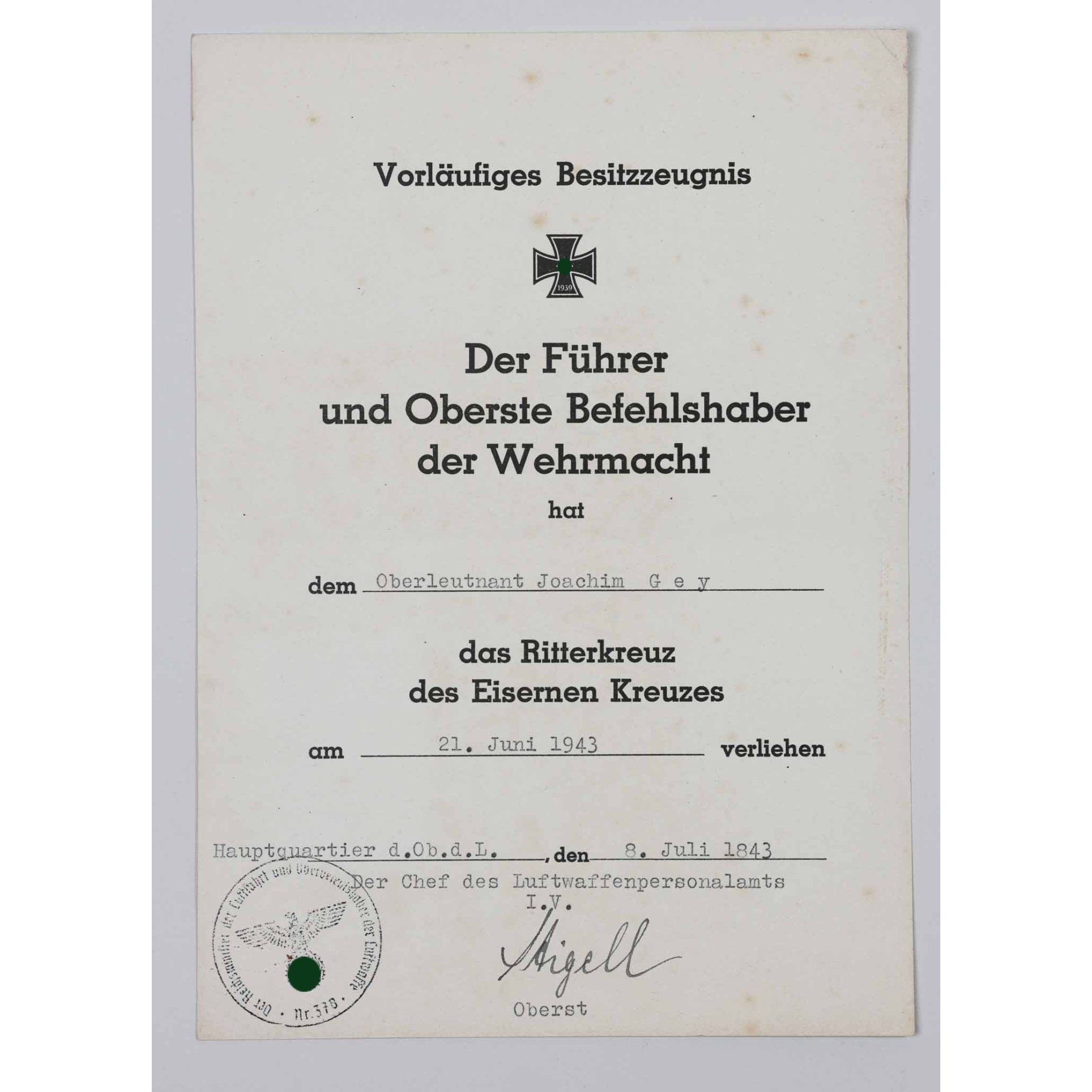 Ritterkreuzträger Nachlass der Luftwaffe Major Joachim Gey Kampfgeschwader 3 Urkundennachlass — image 18