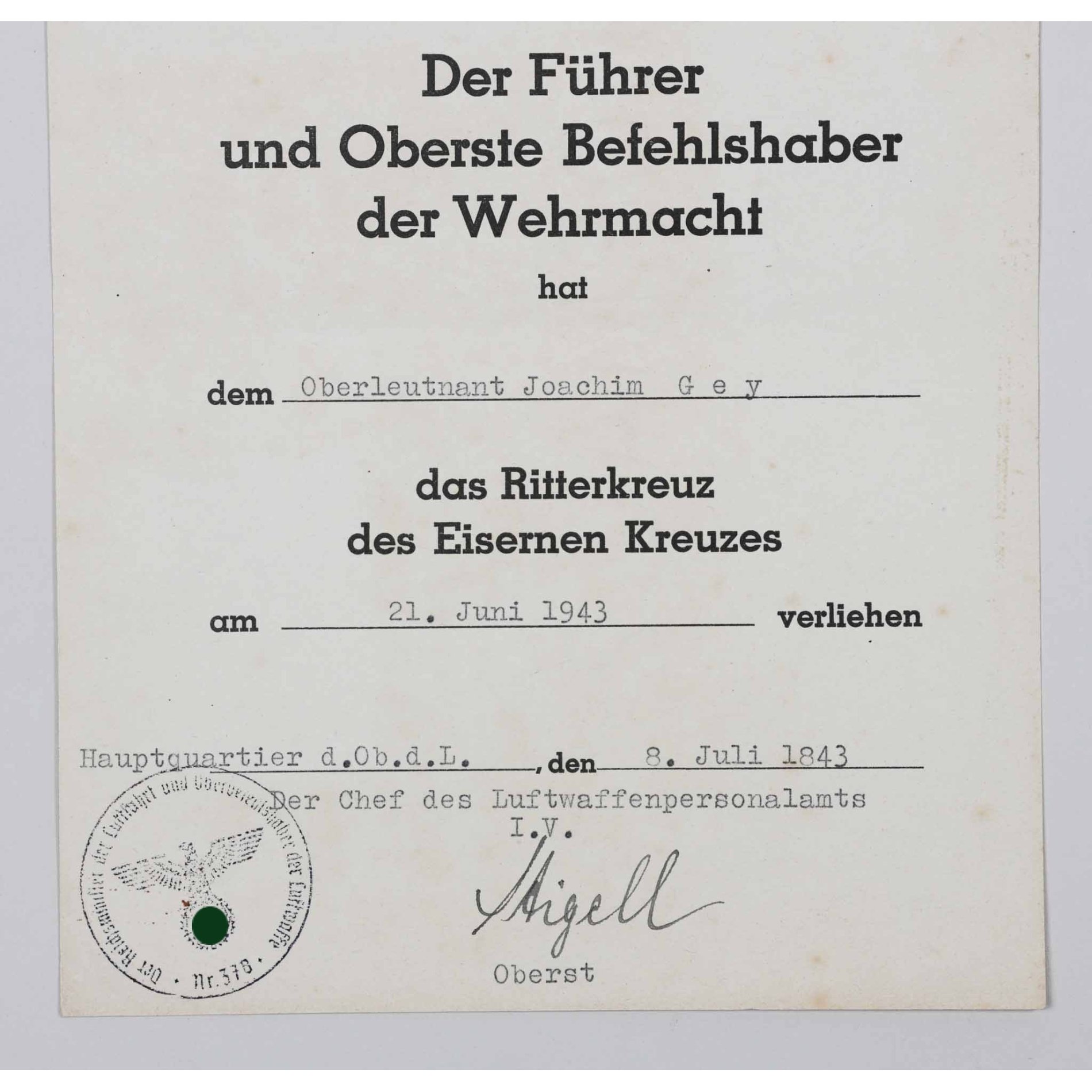 Ritterkreuzträger Nachlass der Luftwaffe Major Joachim Gey Kampfgeschwader 3 Urkundennachlass — image 19