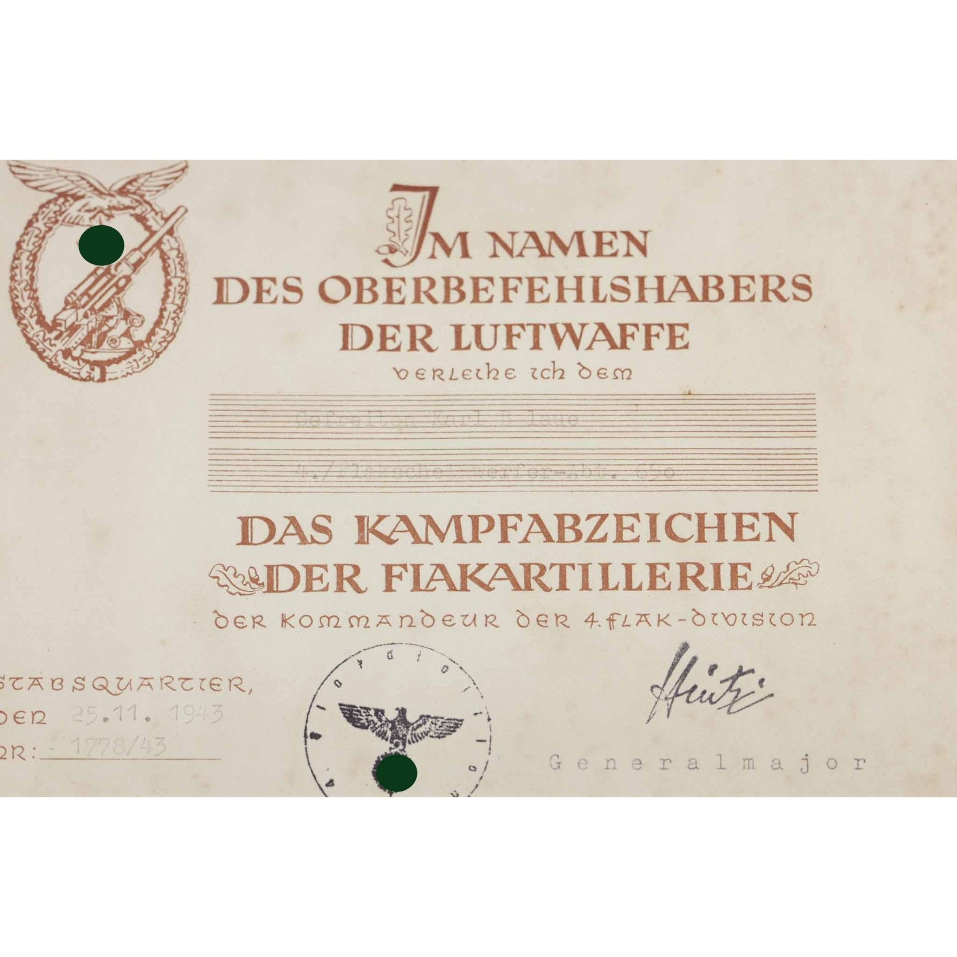 Verleihungsurkunde für das Flakkampfabzeichen der Luftwaffe 1943 4./Flakscheinwerfer-Abt. 650 — image 2