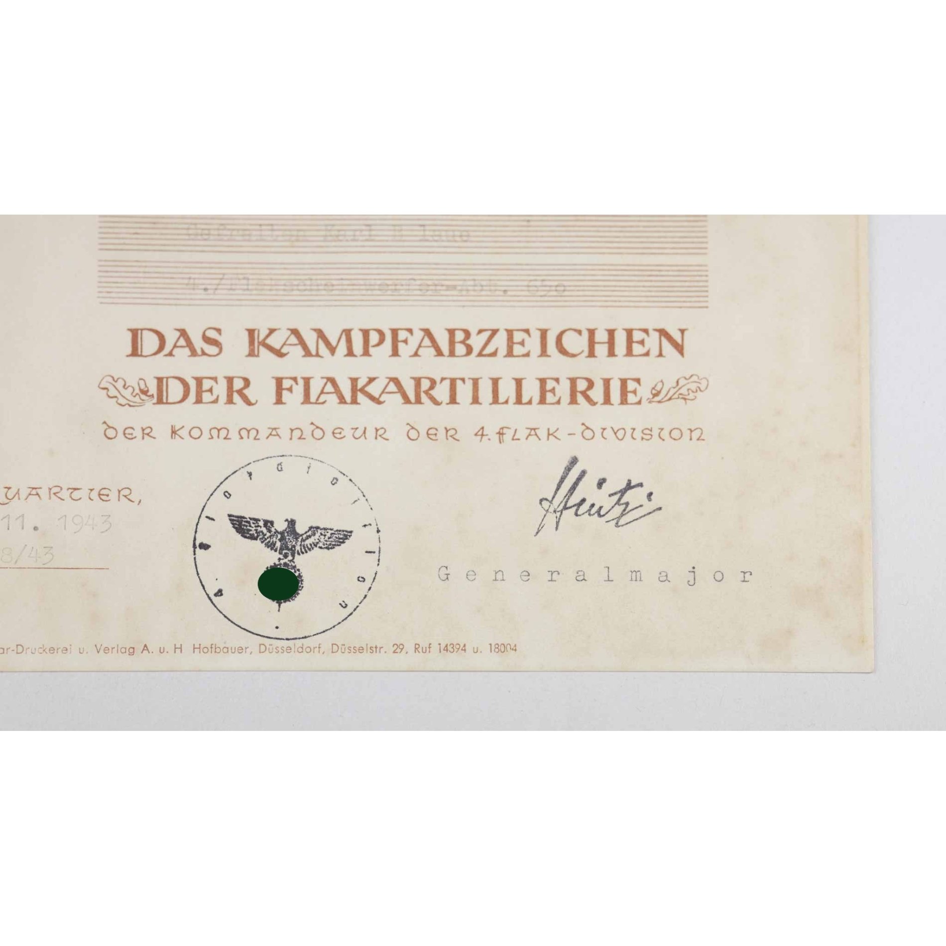Verleihungsurkunde für das Flakkampfabzeichen der Luftwaffe 1943 4./Flakscheinwerfer-Abt. 650 — image 3