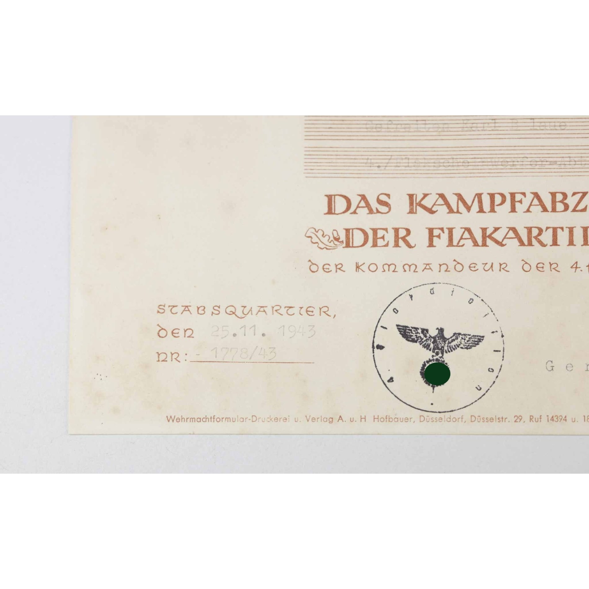 Verleihungsurkunde für das Flakkampfabzeichen der Luftwaffe 1943 4./Flakscheinwerfer-Abt. 650 — image 4
