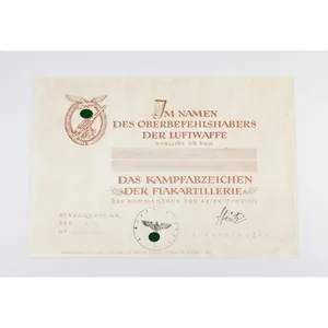 Verleihungsurkunde für das Flakkampfabzeichen der Luftwaffe 1943 4./Flakscheinwerfer-Abt. 650