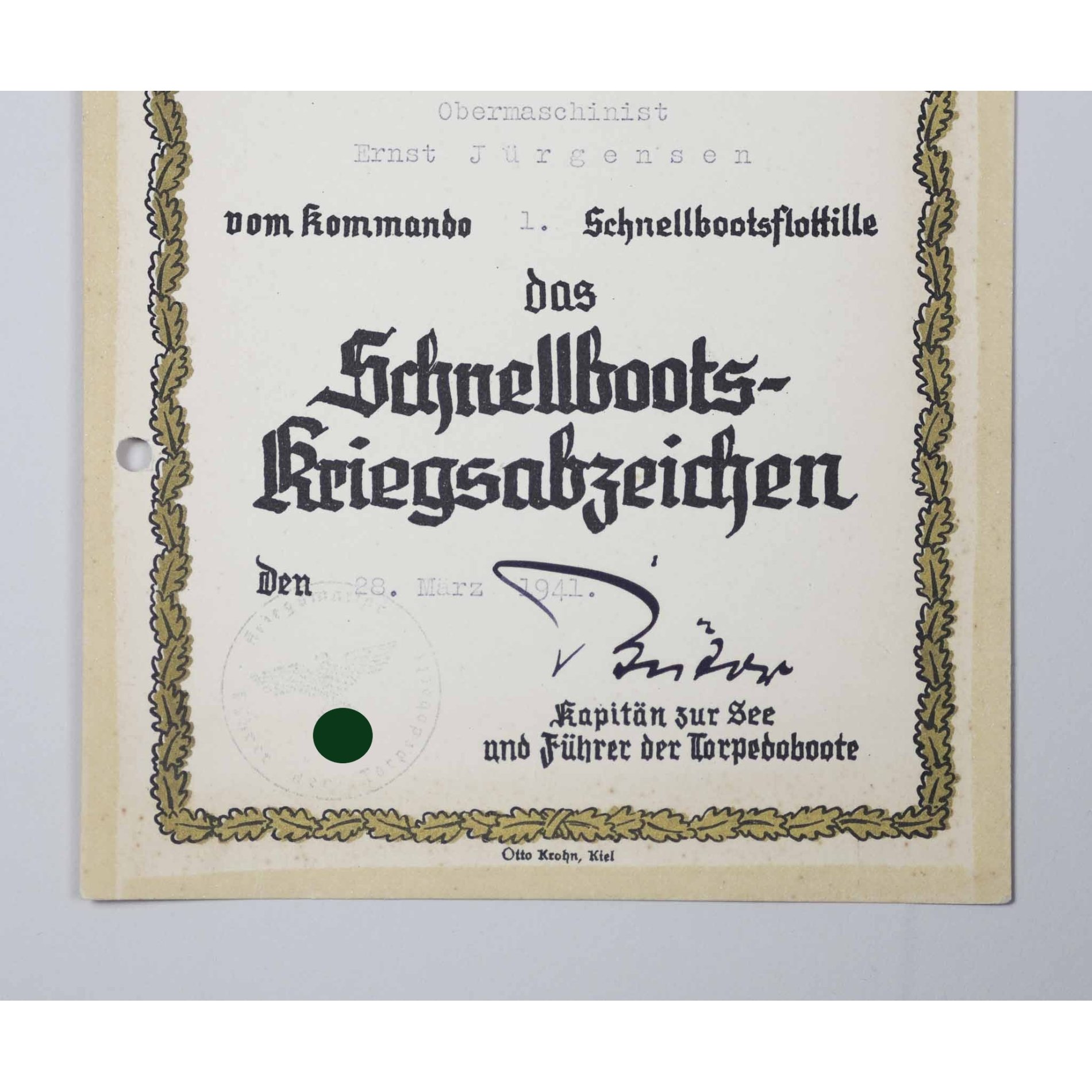 Kriegsmarine Nachlass Urkundengruppe 'Schnellboot Abzeichen' 1.Flotille — image 5