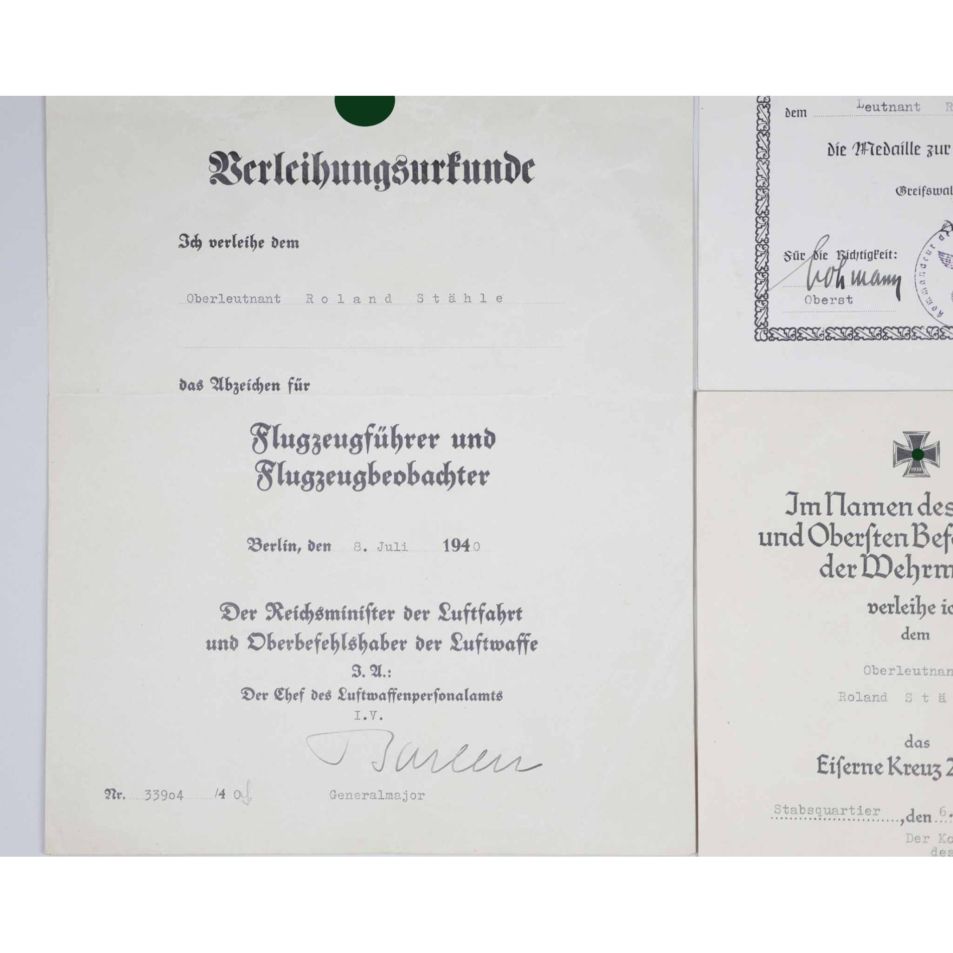 Luftwaffe Nachlass Urkunde Gemeinsames Flugzeugführer u. Beobachterabzeichen — image 2