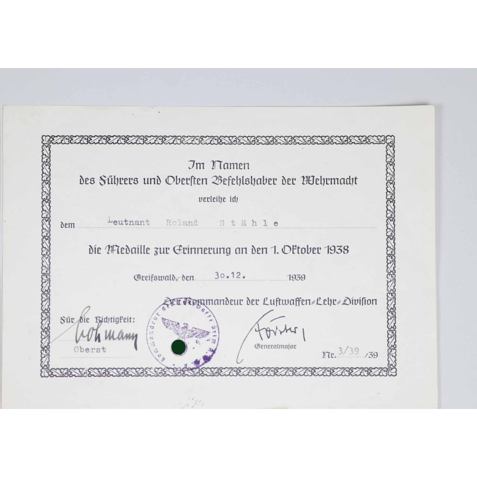 Luftwaffe Nachlass Urkunde Gemeinsames Flugzeugführer u. Beobachterabzeichen — image 4