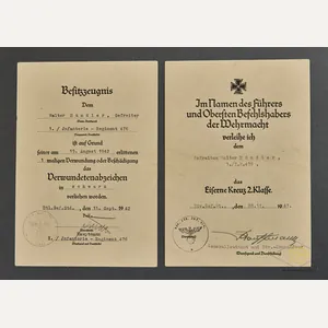 WWII German Pair of Award Documents to the Same Soldier