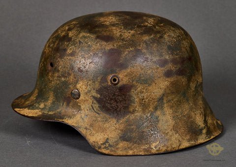 WWII German Model 1942 Camouflage Helmet with Battle Damage — image 4