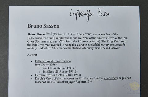German WWII Signed Photo of Knights Cross Winner Fallschirmjäger Bruno Sassen — image 6
