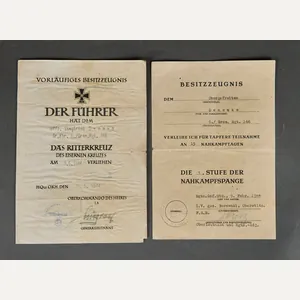 Provisional Certificate for the Knight's Cross of the Iron Cross