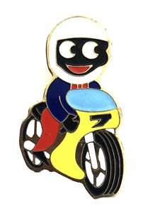 Robertsons 1980 Golly motorcyclist advertising badge light blue screen