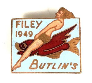 Butlins 1949 Filey holiday camp girl riding a fish badge