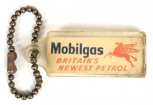 Mobilgas Britain's Newest Petrol advertising keyring badge circa 1953