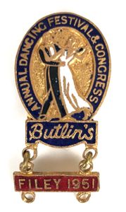 Butlins Annual Dancing Festival and Congress badge red dangler Filey …