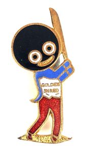 Robertsons Golly cricketer white waistcoat gilt lip badge R.E.V. Gomm