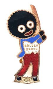 Robertsons Golly cricketer white waistcoat advertising badge MARPLES BEASLEY