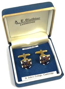 St John's College Cambridge Cufflinks housed in retailer A.E. CLOTHIER …
