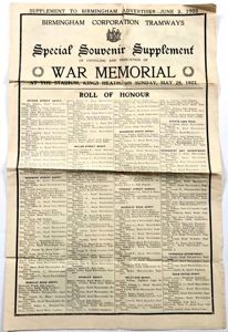Birmingham Corporation Tramways War Memorial Special Souvenir