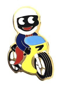 Robertsons 1980 Golly motorcyclist advertising badge light blue screen