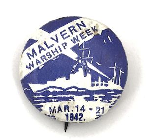 Malvern Warship Week 1942 fundraising tin button badge Worcestershire