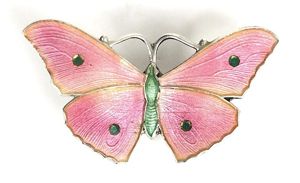 Butterfly Pink Guilloche enamel brooch numbered by J A & …