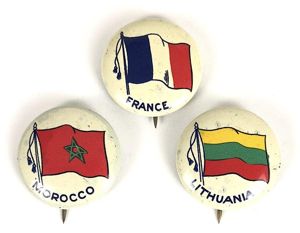 National Flags of France, Lithuania & Morocco vintage pin badges