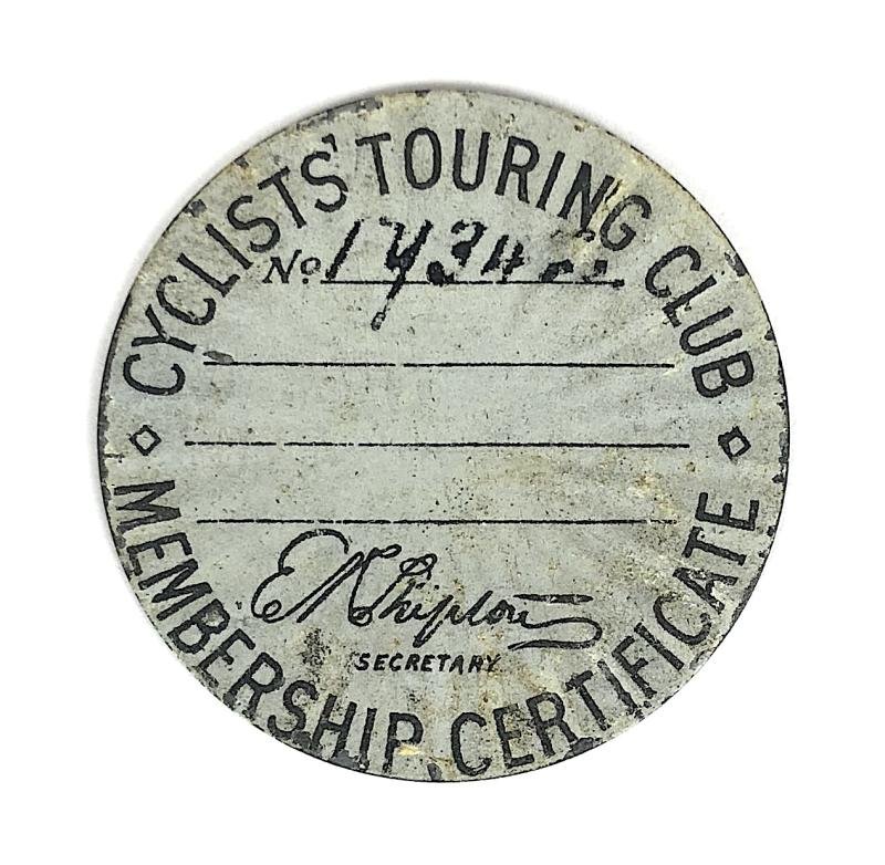 Cyclists Touring Club CTC 1907 membership certificate silver holder badge — image 5