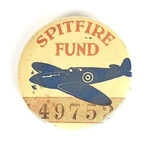 Spitfire Fund fighter plane tin button badge numbered 4975